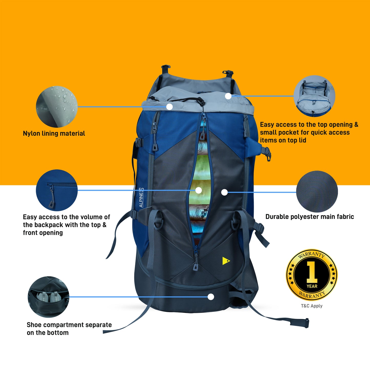 TUFAOL ALPINE 50 liters Mountain Trekking Rucksack Easy fit with Front Opening (Black&green)