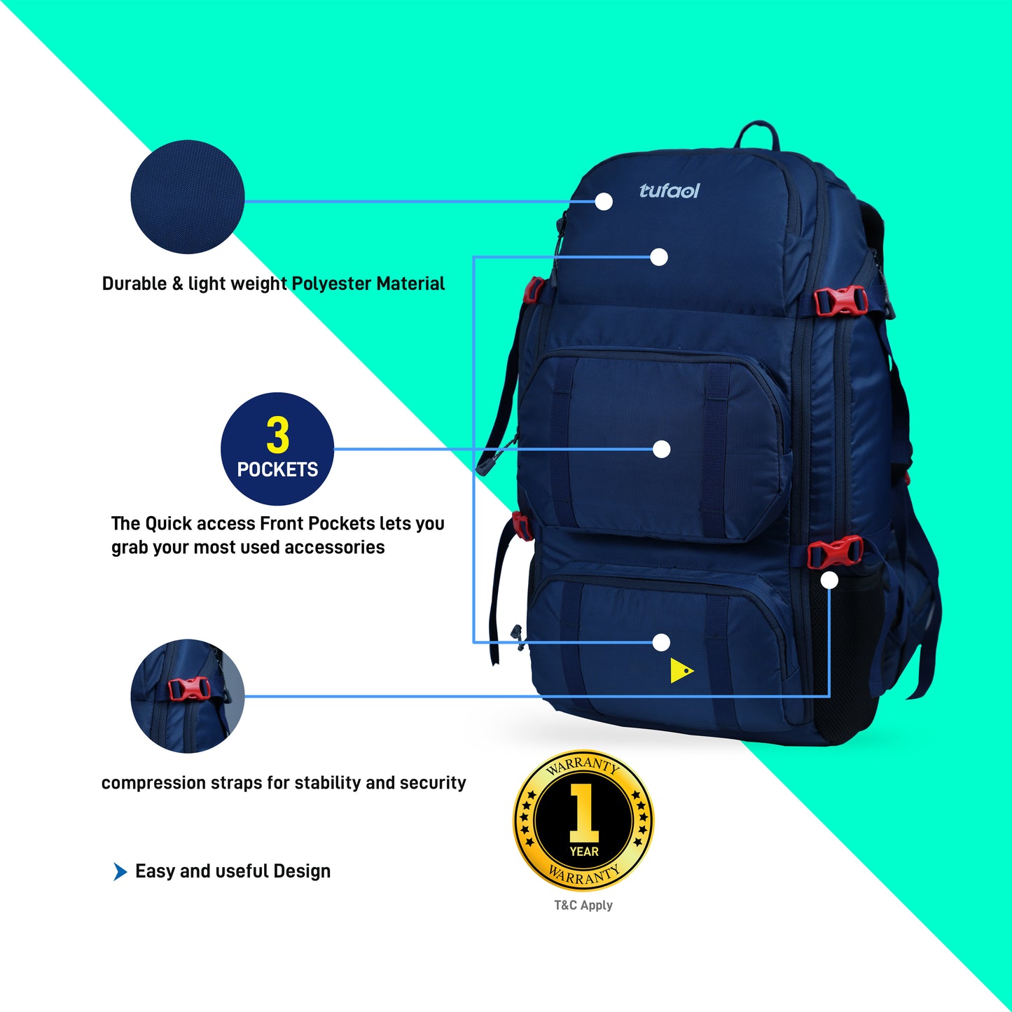 TUFAOL PROPACK 45 Liter Backpack For Trekking, Camping, Business Or Leisure Travel (Navy Blue)