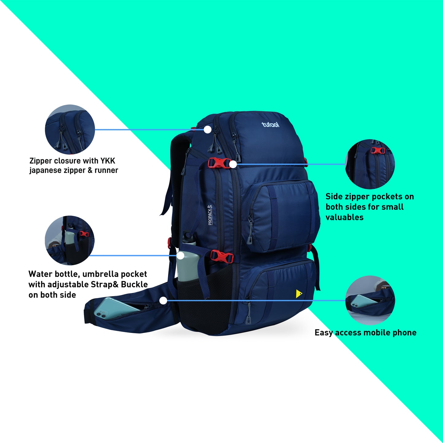 TUFAOL PROPACK 45 Liter Backpack For Trekking, Camping, Business Or Leisure Travel (Navy Blue)