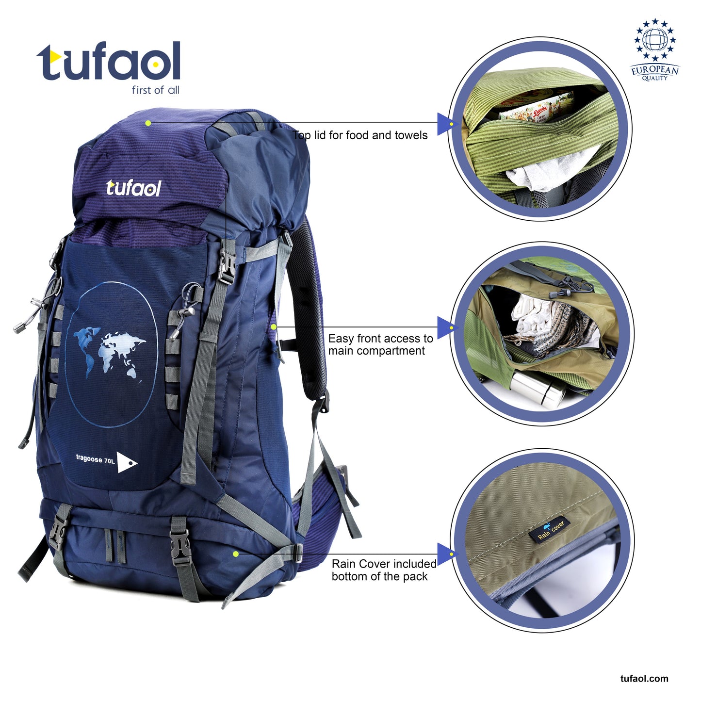 Tragoose 70 L Trekking Rucksack Travel Bag Hiking Backpack Nylon Dark Blue